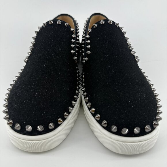 Louboutin Black GLITTER Slip On's with Silver Studs - Size 39 - Picture 2 of 10